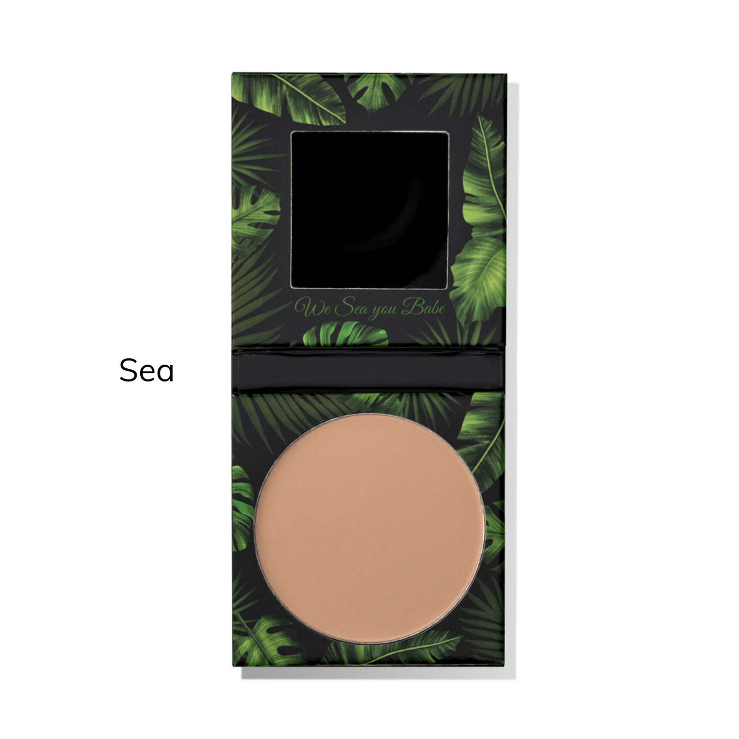 Compact powder with green leaf pattern on packaging