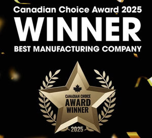 Canadian Choice Award 2025 winner badge for Best Manufacturing Company on a black background with gold accents.