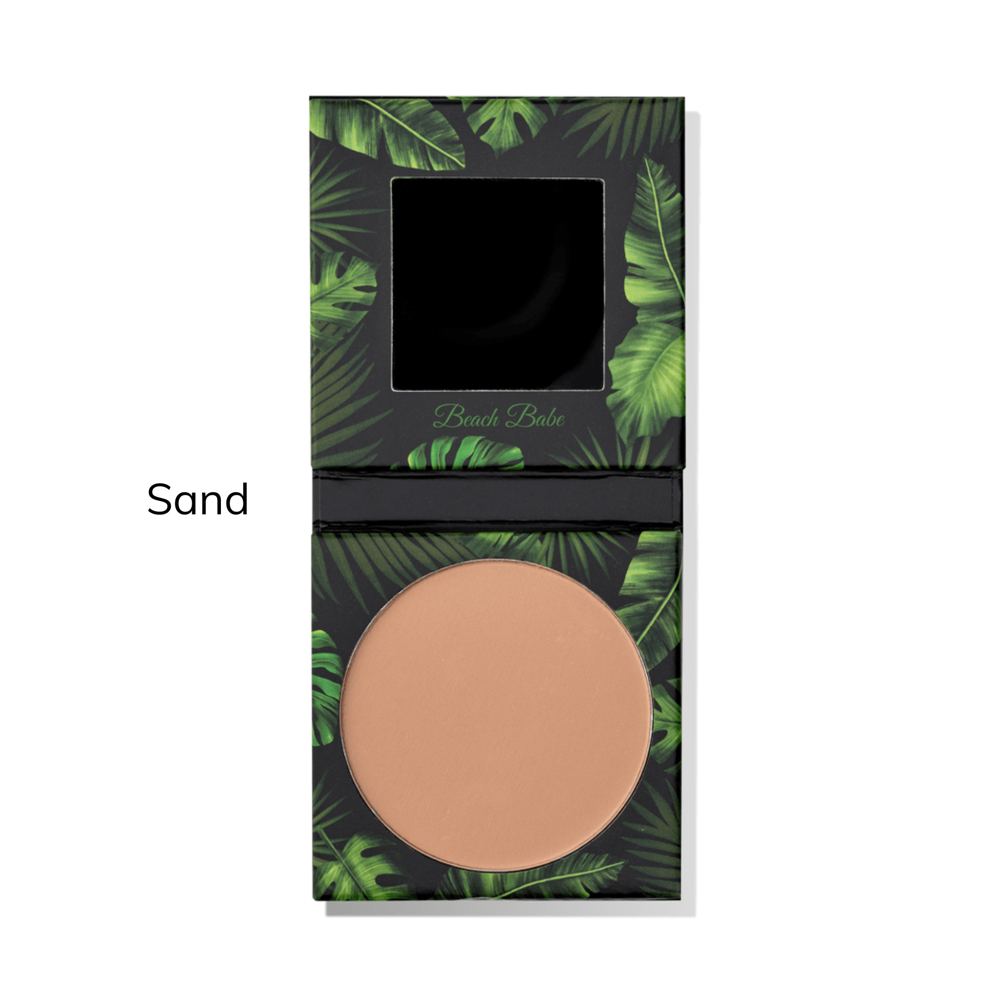 Compact powder with sand color swatch on a leaf-patterned case