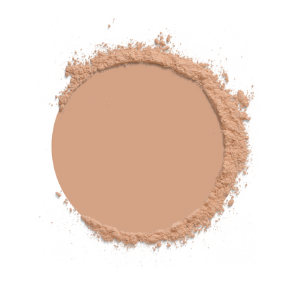 Circular compact of beige powder on a white background