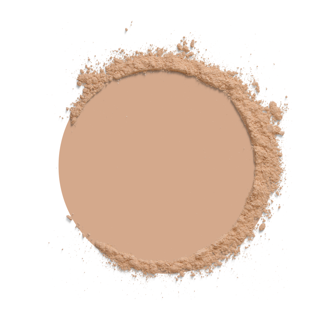 Round compact of beige powder on a white background